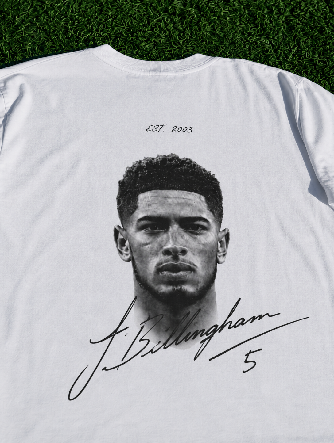 White Bellingham Signature Tee with monochrome Jude Bellingham portrait and signature graphic