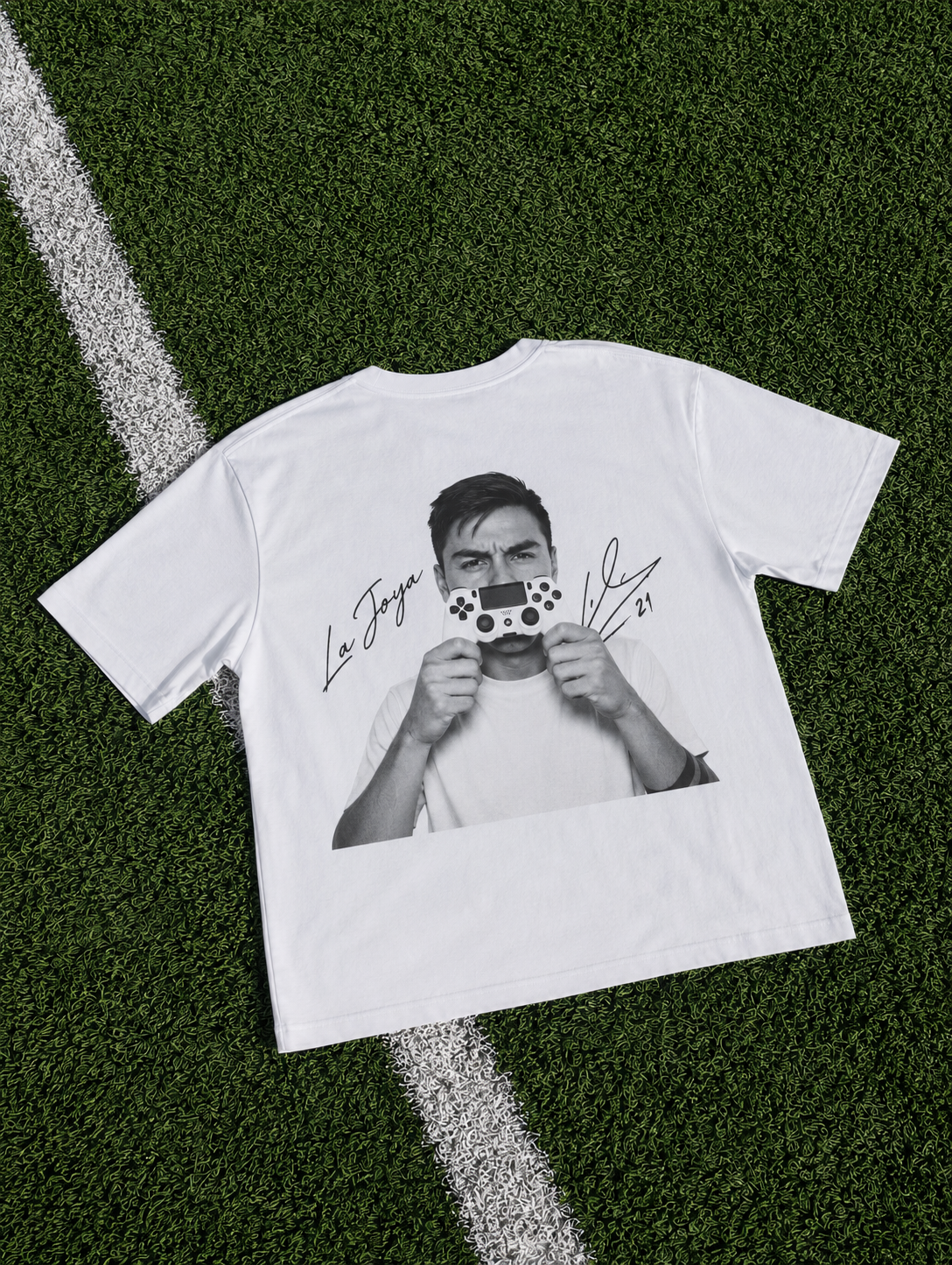 White La Joya 21 T-shirt with black-and-white Dybala portrait and gaming controller