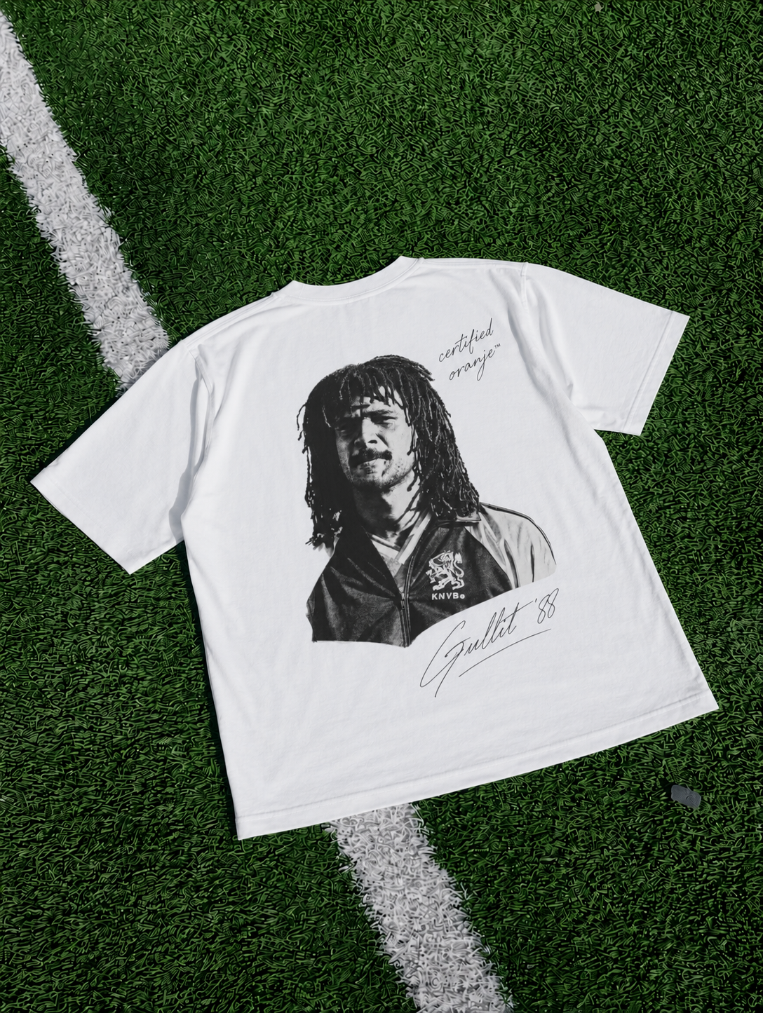 White Gullit Signature Tee with monochrome Ruud Gullit portrait, signature graphic and Certified Orange detail