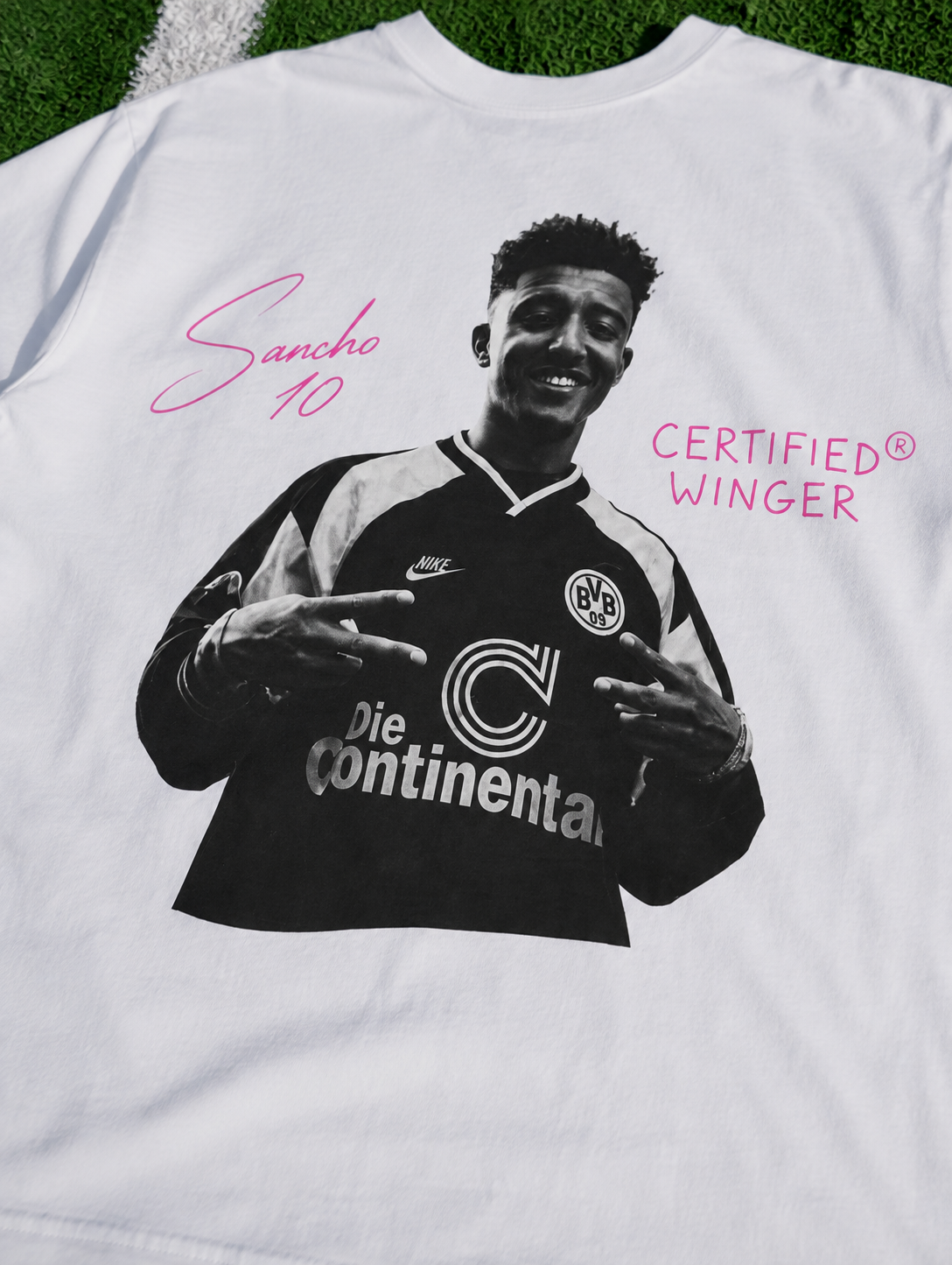 White Sancho Certified Winger T-shirt with black-and-white BVB portrait and pink graphic zoomed in